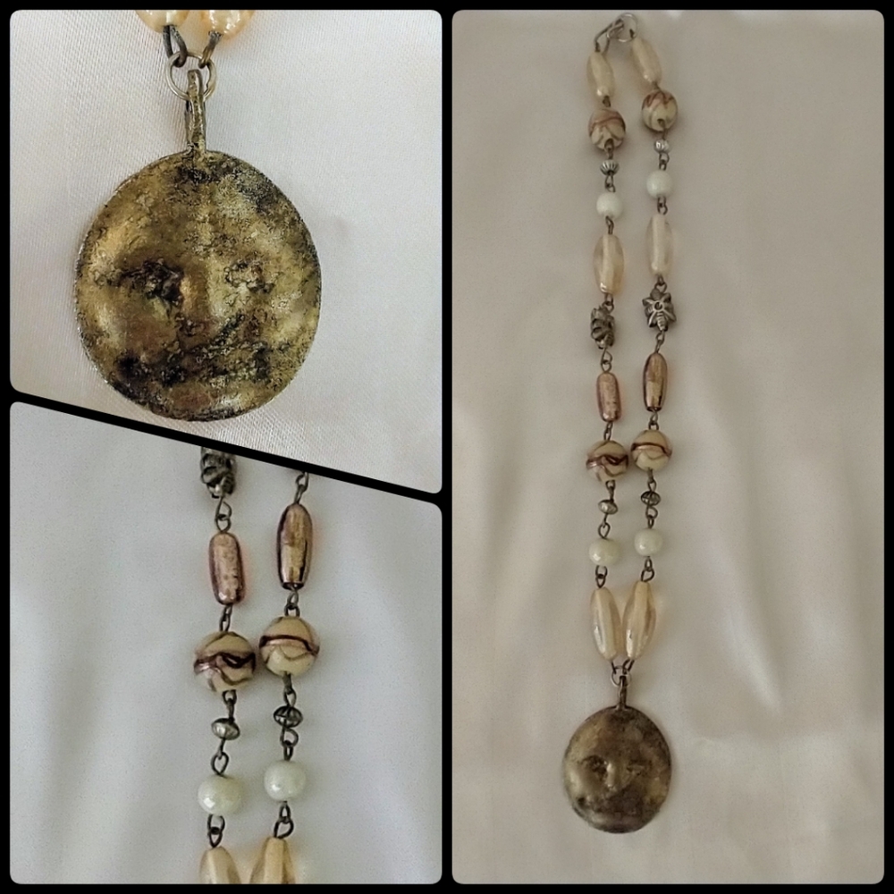 Cream and Brown Victorian-Inspired Necklace with Pearl Beads